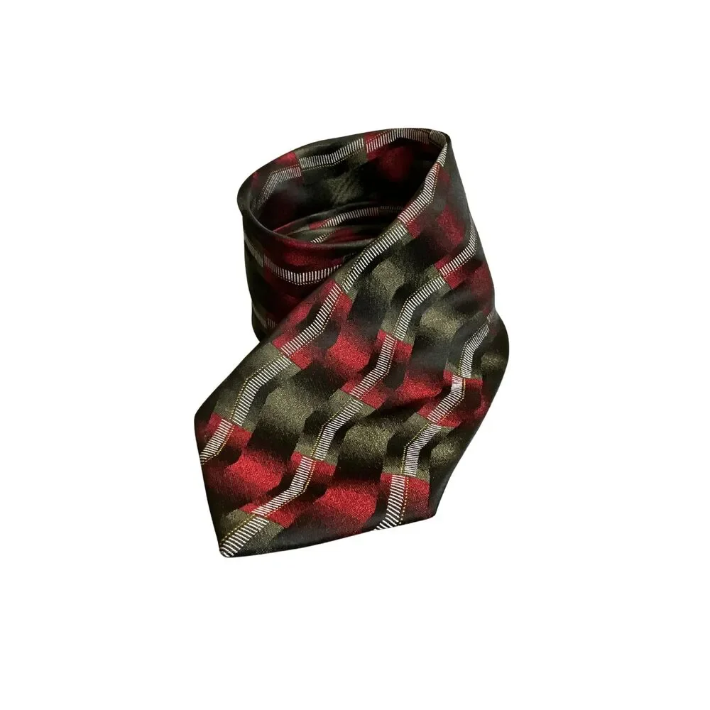 Carlos Devenezia Mens Necktie 59”L 4”W Handmade Geometric Red Olive Green Tie